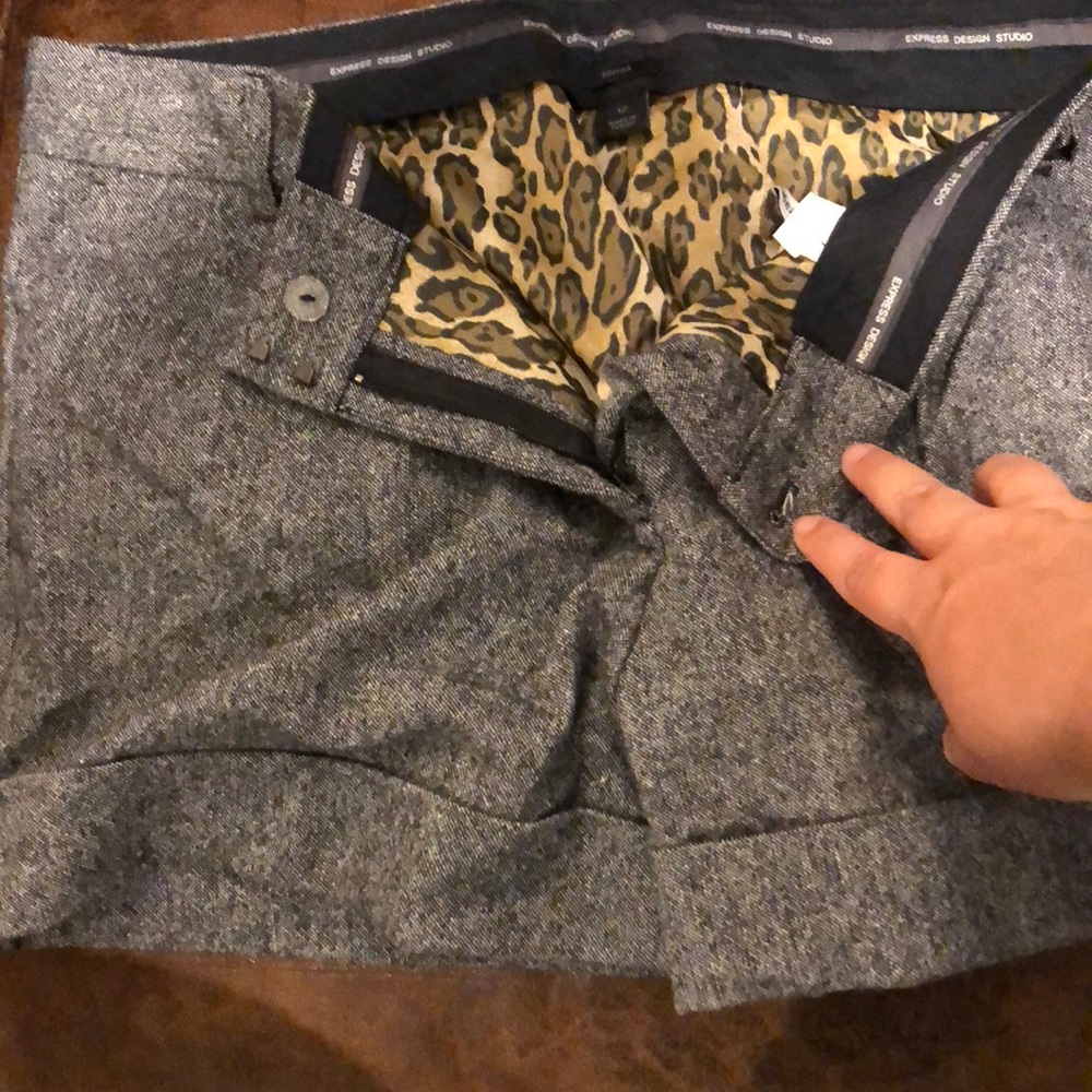 Express grey flannel shorts with leopard lining